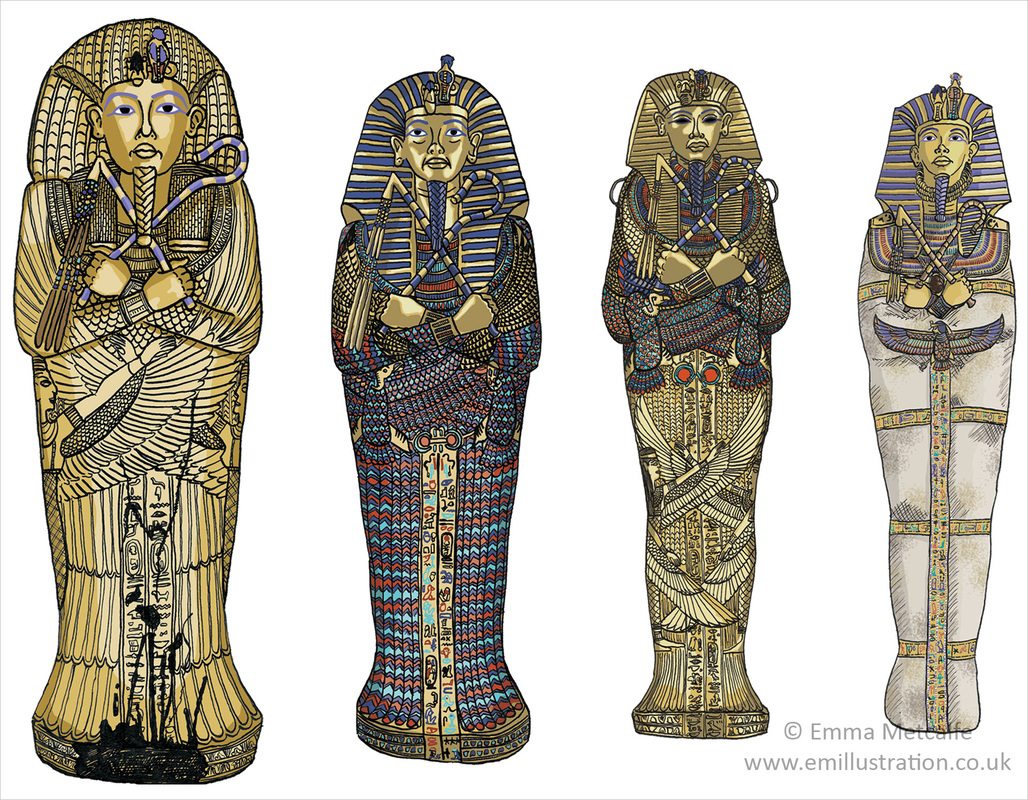 Educational illustrations of the coffins and mummy of Tutankhamun by illustrator Emma Metcalfe