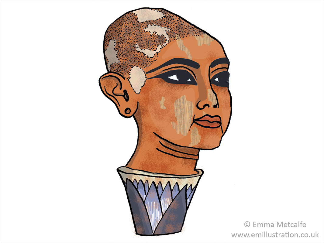 Educational illustration of head of Nefertem from tomb of Tutankhamun