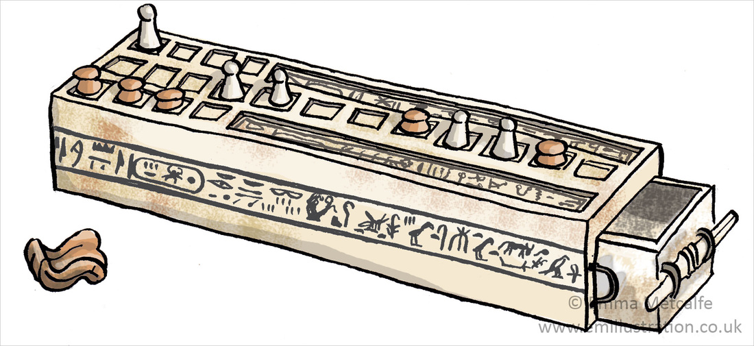 Educational illustration of ancient Egyptian ivory game board from tomb of Tutankhamun