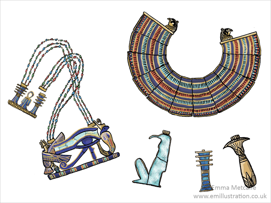 Educational illustration of ancient Egyptian burial jewellery from the mummy of Tutankhamun
