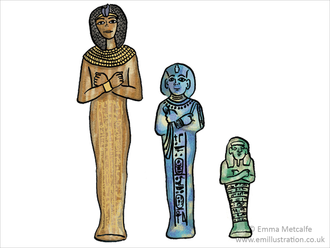 Educational illustration of ancient Egyptian shabti figures from the tomb of Tutankhamun