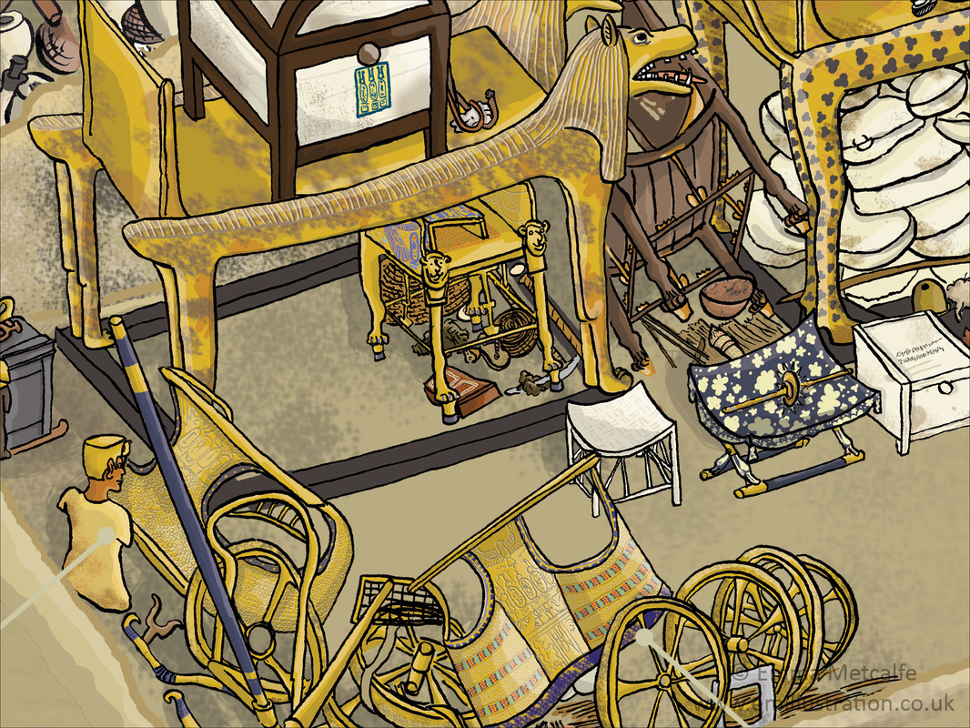 Detail from illustrated reconstruction of the tomb of Tutankhamun showing artefacts in the Annexe