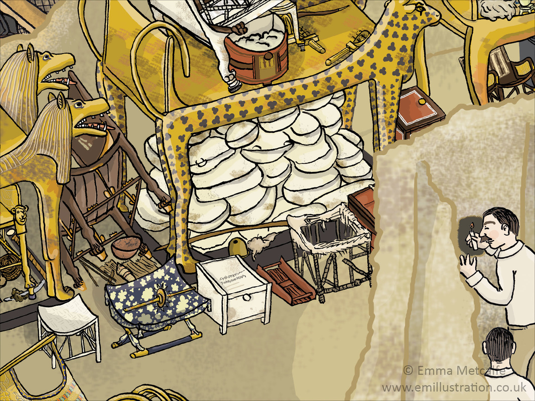 Detail from illustrated reconstruction of the tomb of Tutankhamun showing artefacts in the Annexe