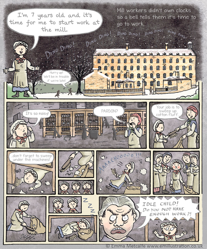 Children's educational cartoon strip illustration about child mill workers during Industrial Revolution