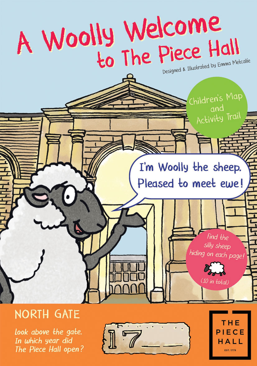 Front cover illustration from A Woolly Welcome to the Piece Hall family trail leaflet by Emma Metcalfe