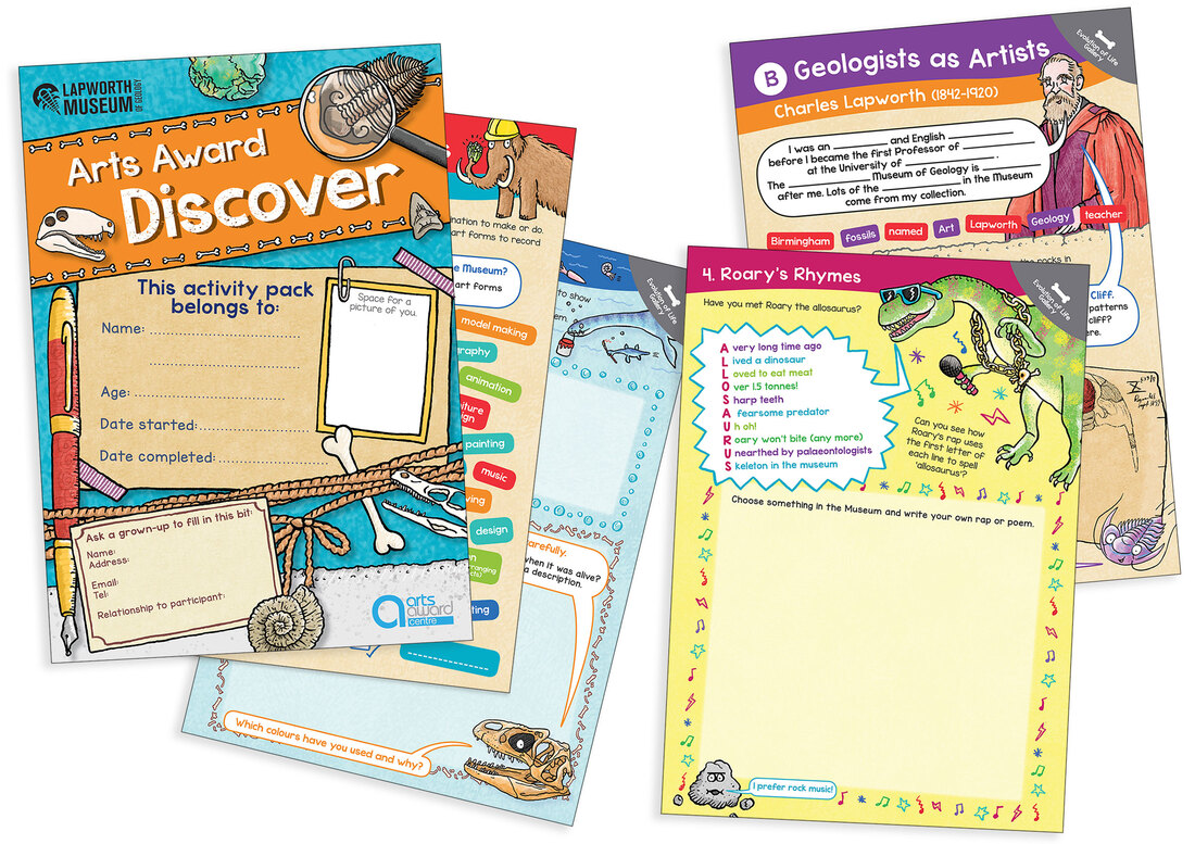 Bespoke Geology & Dinosaur Themed Arts Award Discover log book activity sheets pack for Geology Museumdesigned and illustrated by Emma Metcalfe