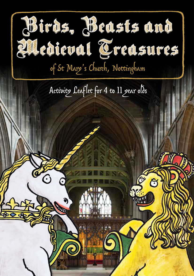 Front cover illustration from Birds, Beasts & Medieval Treasures children's church trail by Emma Metcalfe