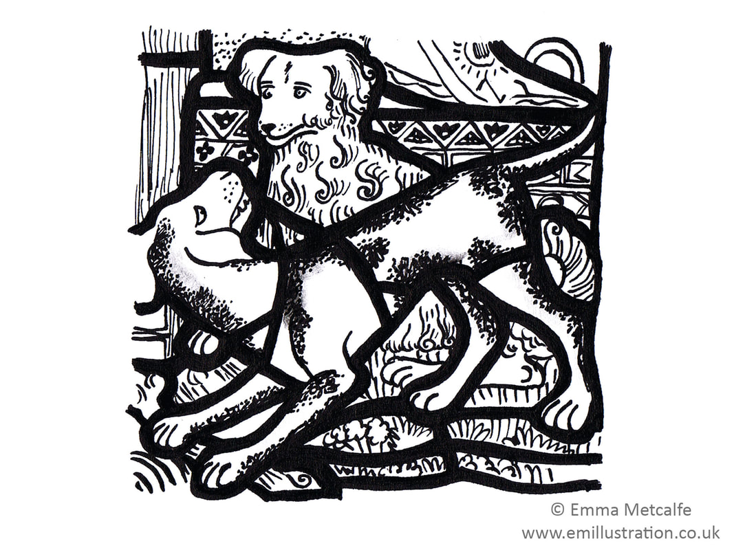Black and white illustration of a detail from a stained glass window showing two dogs