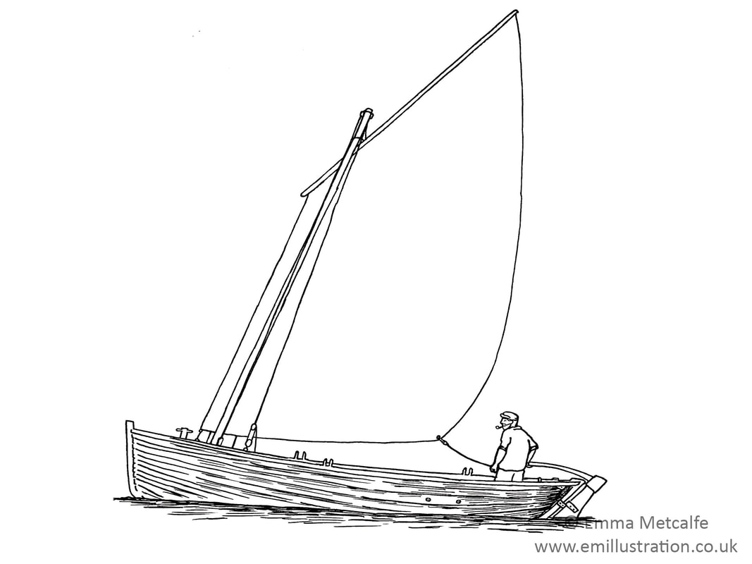 Illustration of Wee Dooker Loch Fyne Skiff heritage boat dinghy simple line drawing by illustrator Emma Metcalfe