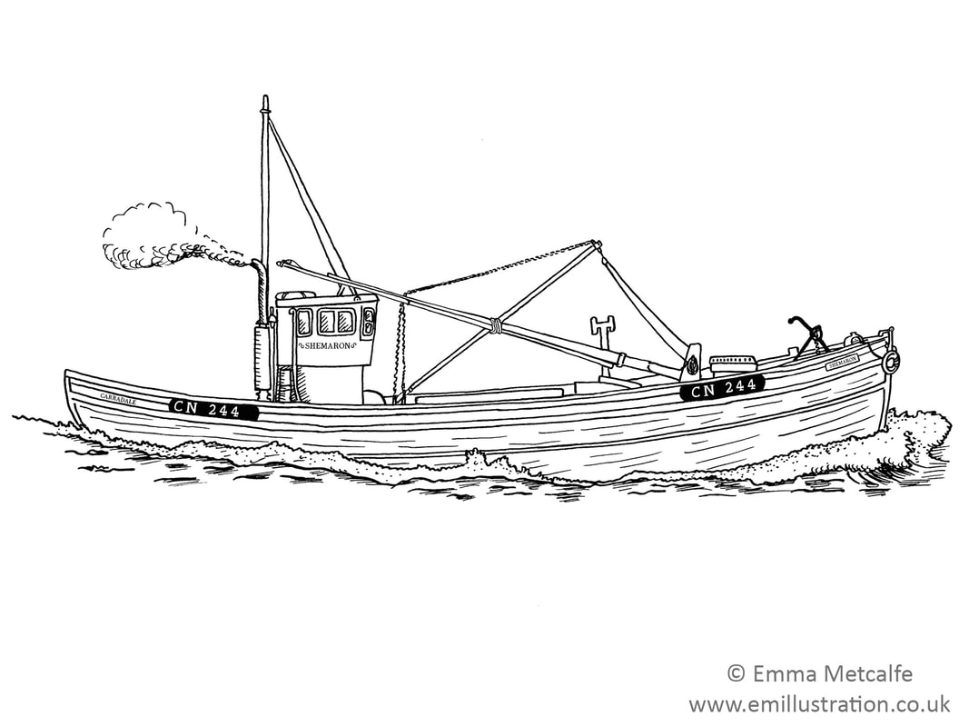 Simple line drawing of ring net herring fishing vessel by illustrator Emma Metcalfe