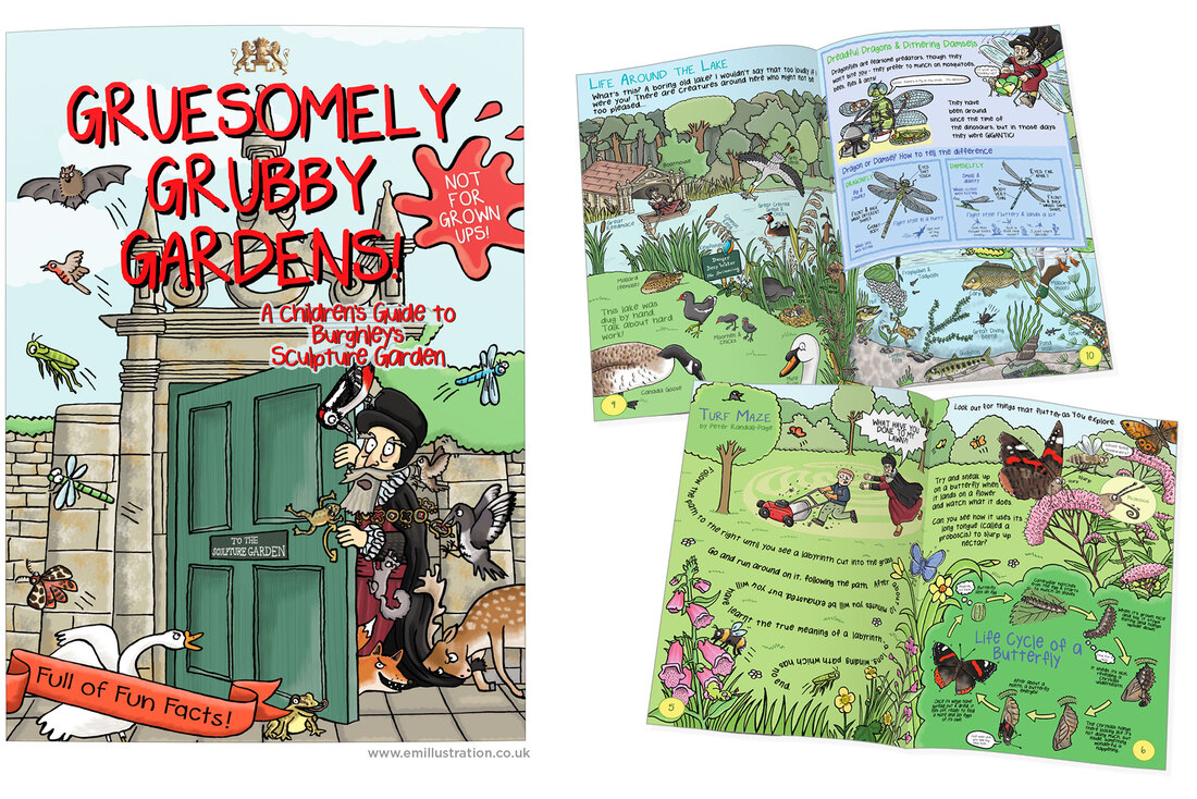 Picture of front cover & pages from Gruesomely Grubby Gardens illustrated children's guidebook for Burghley by Emma Metcalfe