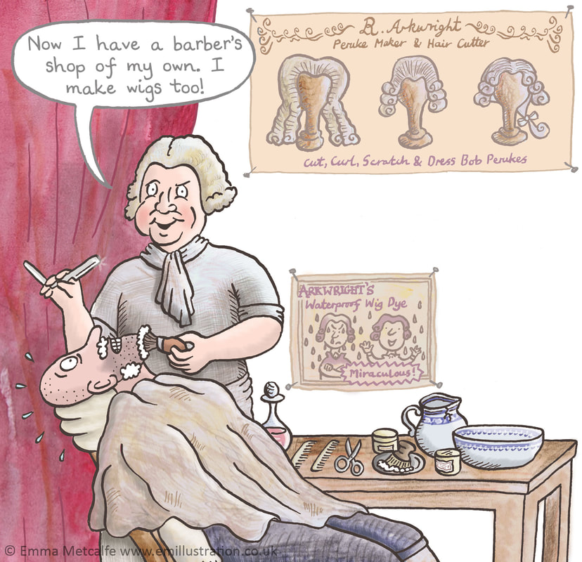 Humorous educational illustration showing Richard Arkwright as a barber, by children's illustrator Emma Metcalfe