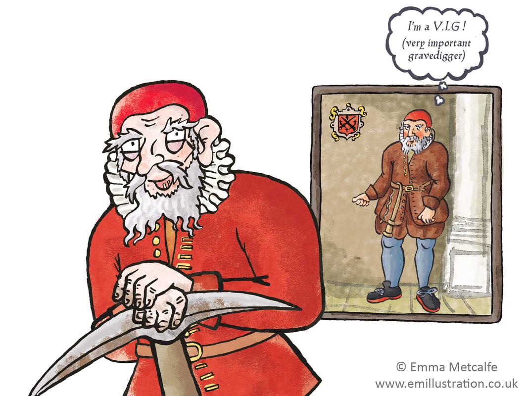 Humorous historical Tudor gravedigger character by children's illustrator emma metcalfe