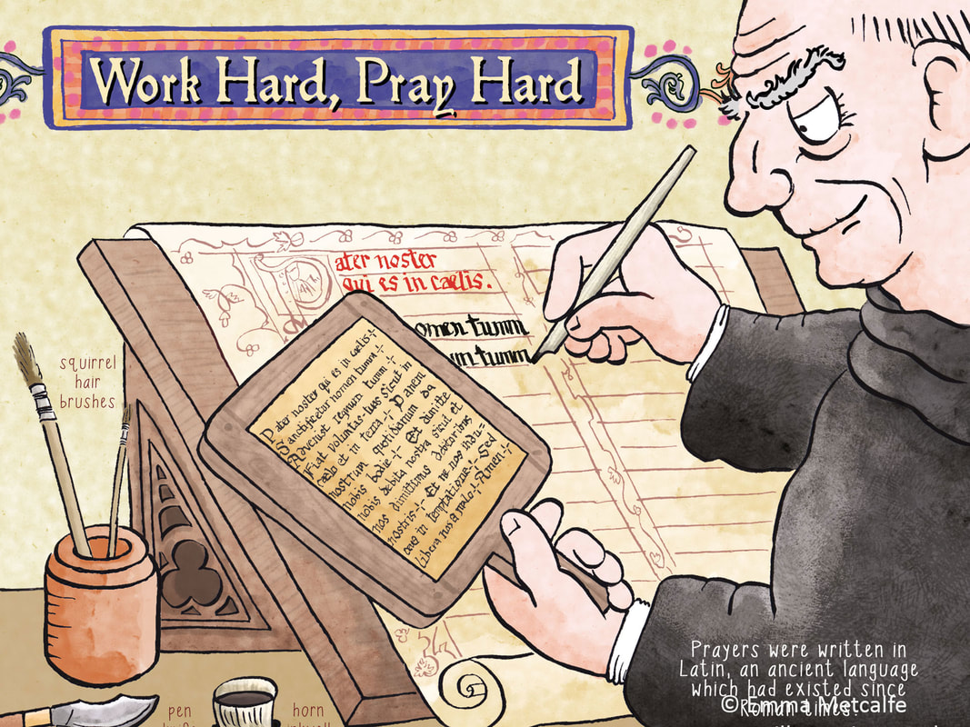 Illustration shows monk writing latin manuscript with stylus at lectern