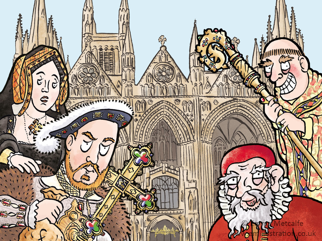 Humorous historical illustration of Henry VIII, Katherine of Aragon, Tudor abbot, gravedigger in front of cathedral