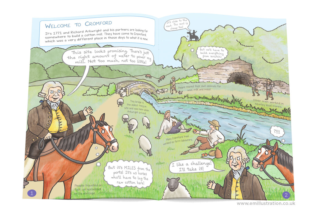 Welcome to Cromford illustration of Richard Arkwright arriving in Cromford on horseback