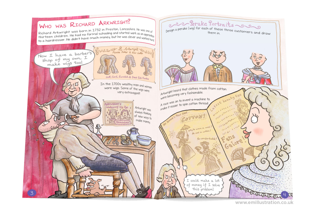 Who was Richard Arkwright? Illustration showing Arkwright as a barber from Cromford Mills illustrated children's guidebook