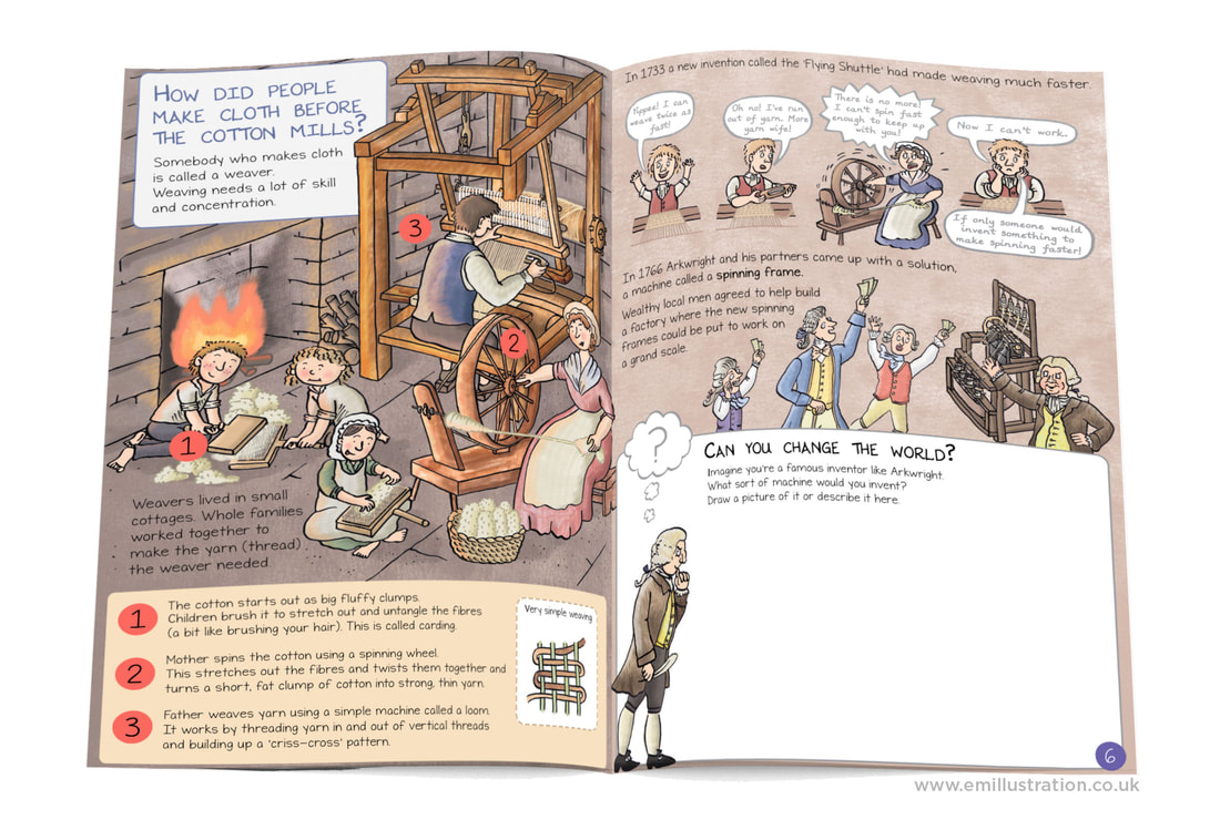 Illustration of family weaving and carding at home, pages from Cromford Mills illustrated children's guidebook