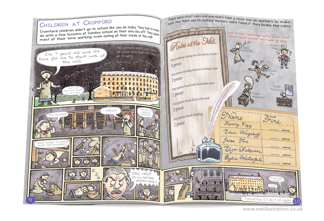 Page spread from Cromford Mills illustrated educational children's guidebook by Emma Metcalfe
