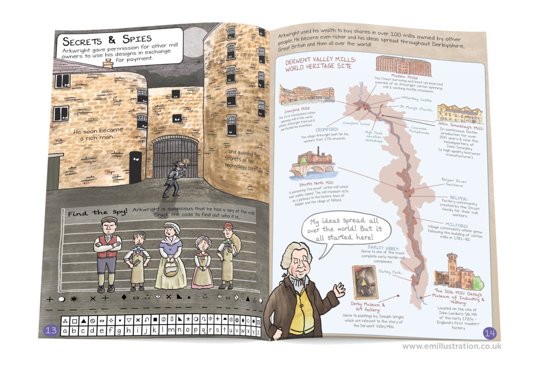 Illustrated page from Cromford mills children's guidebook with code activity and derwent valley mills map
