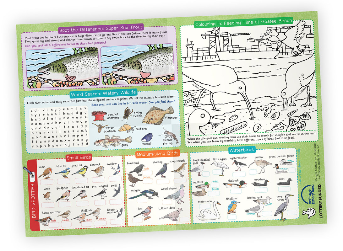 Eling Tide Mill Experience children's illustrated activity sheet leaflet map by Emma Metcalfe
