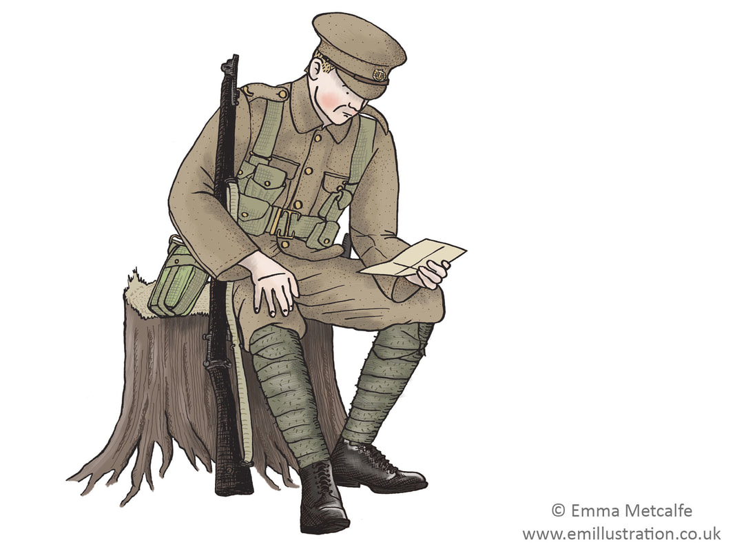 Illustration of World War One British Army soldier in knaki uniform, looking thoughtful, reading letter by illustrator Emma Metcalfe