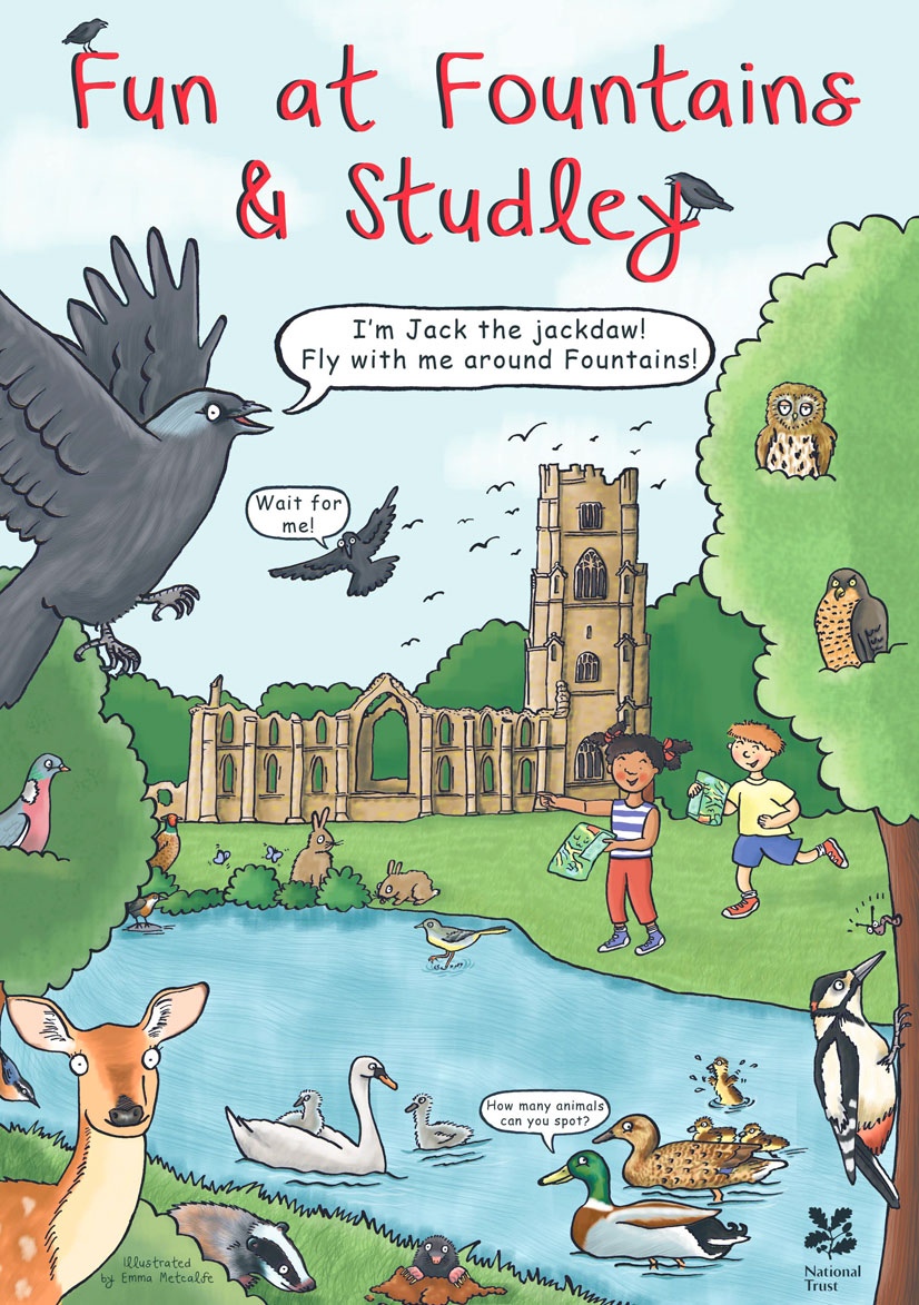 Front cover illustration from Fun at Fountains & Studley children's trail leaflet by Emma Metcalfe