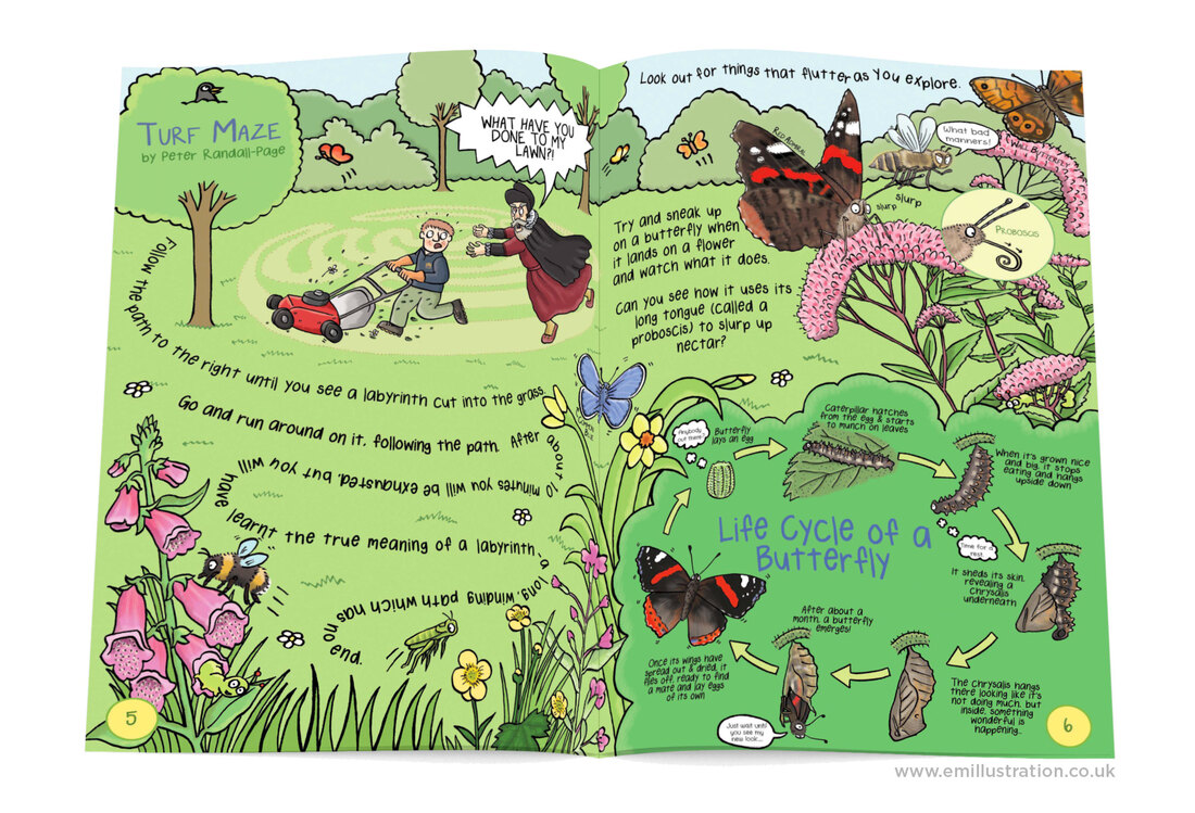 Humorous wildlife illustrations from Gruesomely Grubby Gardens illustrated children's guidebook by Emma Metcalfe