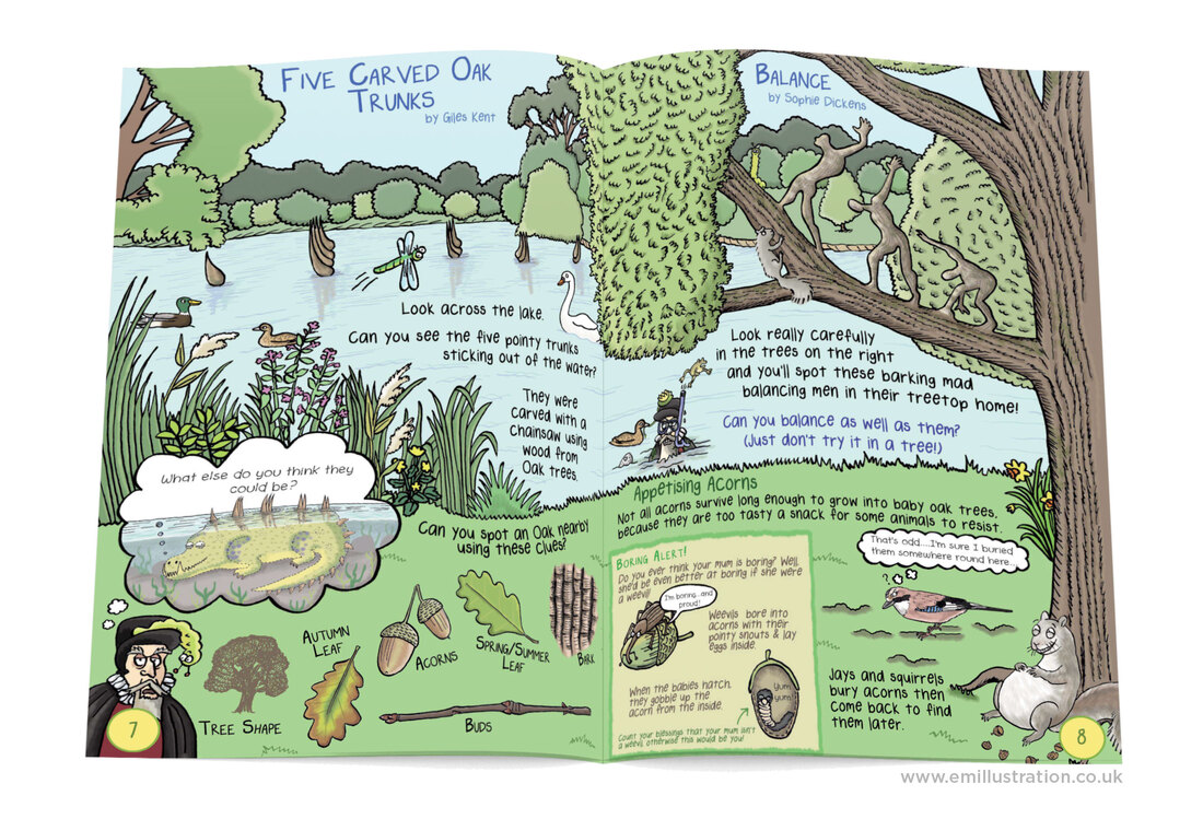 Humorous natural history illustrations from Gruesomely Grubby Gardens illustrated children's guidebook by Emma Metcalfe