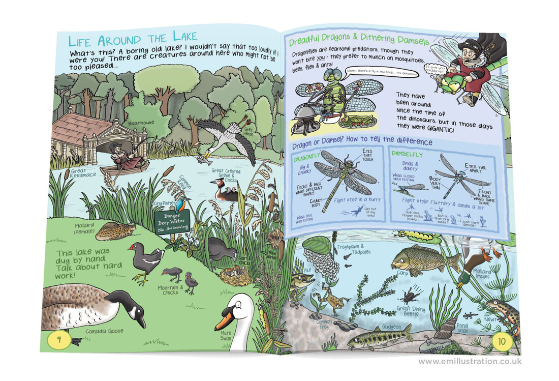 Lake water bird scene from from Gruesomely Grubby Gardens illustrated children's guidebook by Emma Metcalfe