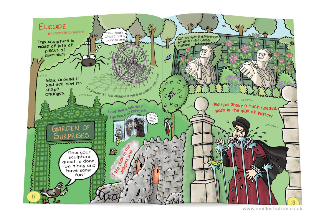 Humorous Garden of Surprises illustrations from Gruesomely Grubby Gardens illustrated children's guidebook by Emma Metcalfe