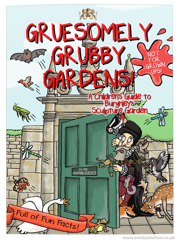 Front cover of Gruesomely Grubby Gardens illustrated children's guidebook for Burghely sculpture garden