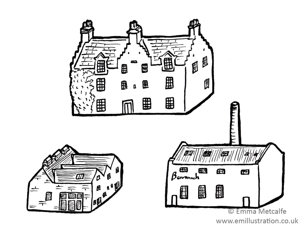 Simple line drawings of heritage buildings (whisky distilleries) by illustrator Emma Metcalfe
