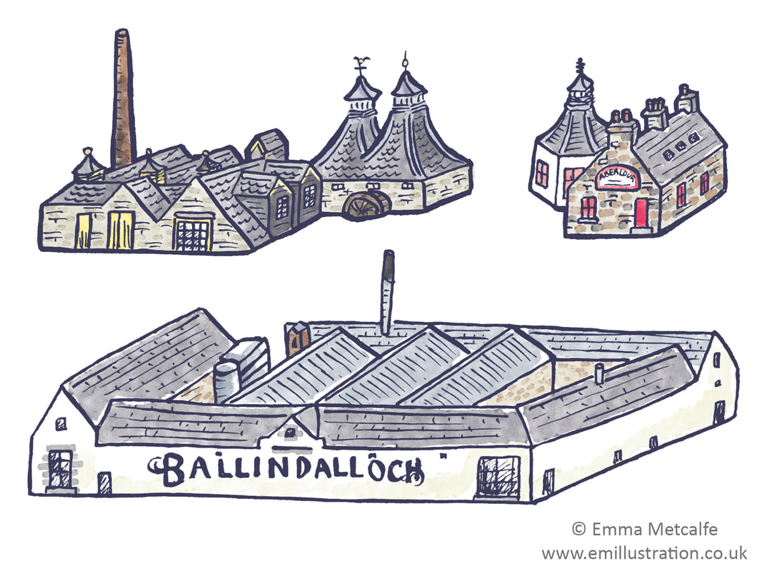 Heritage building illustrations of Scottish whisky distilleries (Strathisla, Aberlour, Ballindalloch) by illustrator Emma Metcalfe