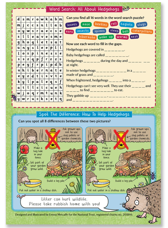 Illustrated hedgehog conservation activities for children by wildlife illustrator Emma Metcalfe