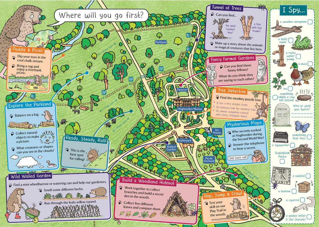 Illustrated children's map of Hughenden Manor gardens and parkland with activities by map illustrator Emma Metcalfe