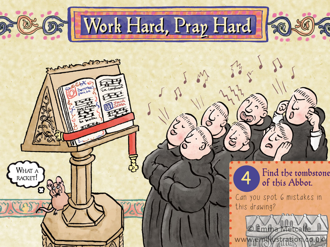 Illustration showing monks  reading music from a book on a lectern and singing out of tune while a mouse covers its ears.