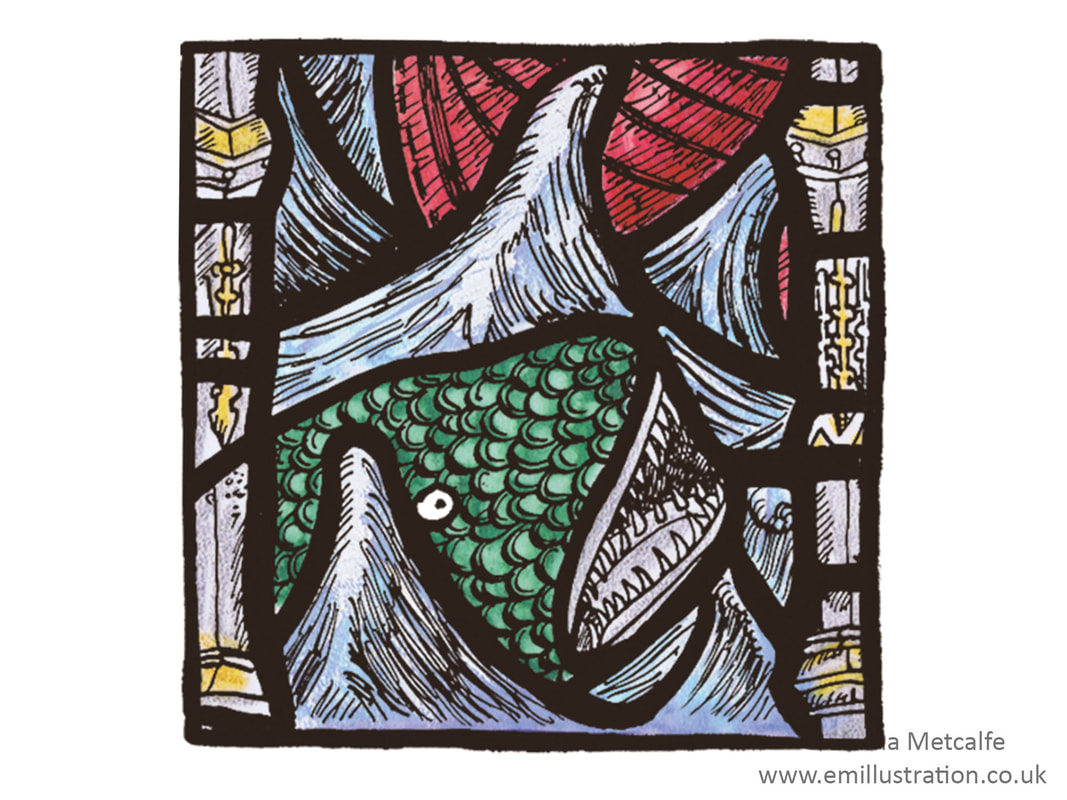 Ink illustration of medieval stained glass whale from historic church by illustrator Emma Metcalfe