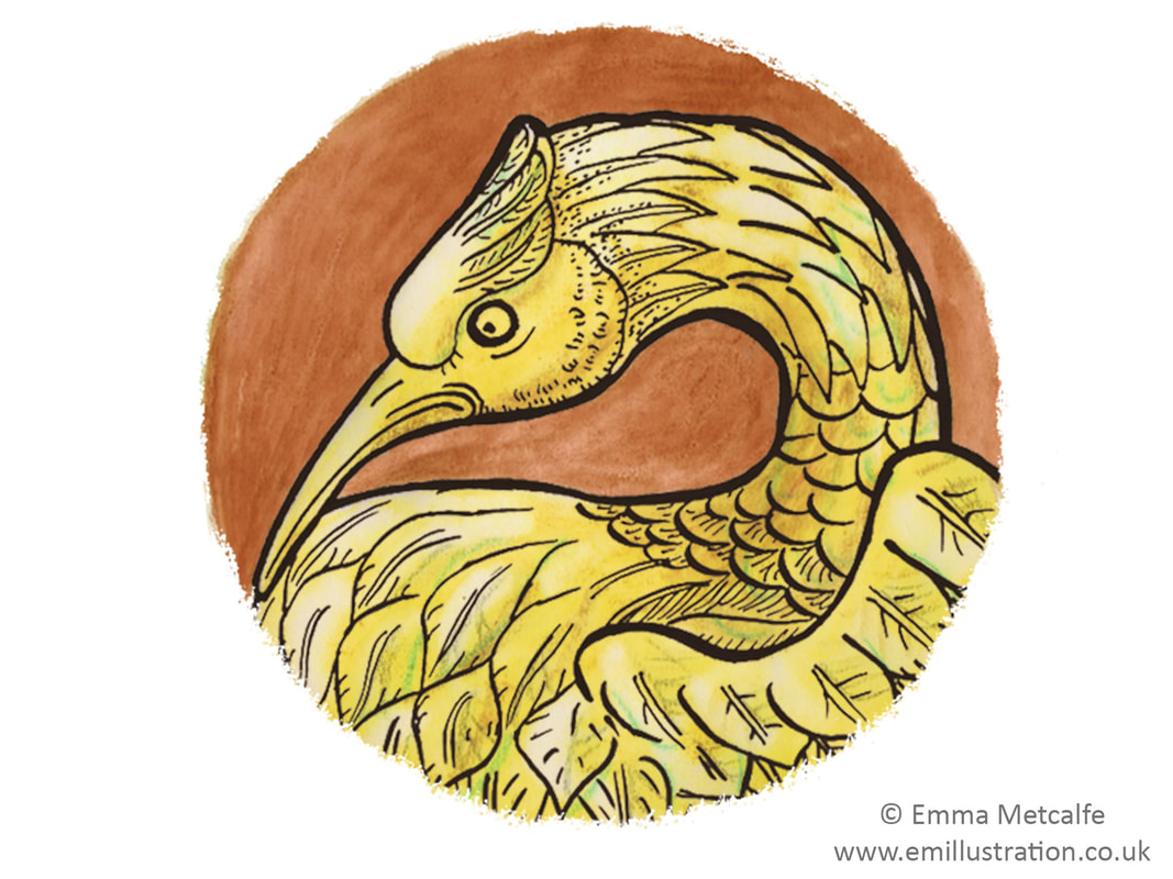 Illustration of pelican lectern decoration from historic church by illustrator Emma Metcalfe