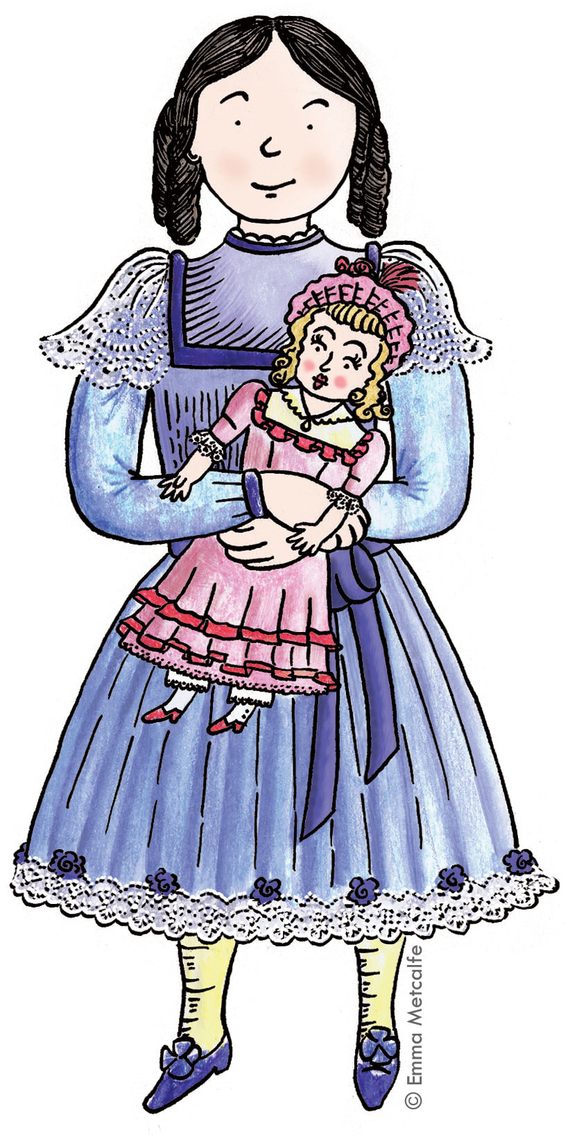 Illustration of rich Victorian child in fine clothes holding doll by children's illustrator emma metcalfe