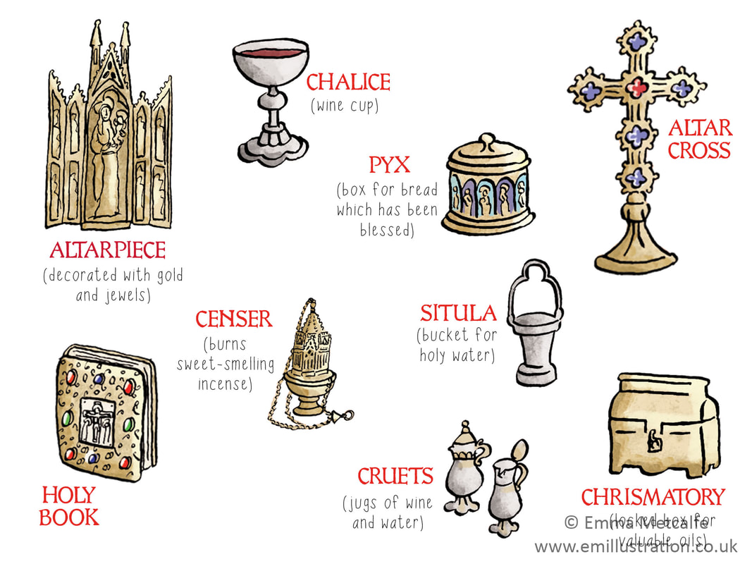 Simple hand drawn illustrations of medieval altarpiece, holy book, censer, chalice, pyx, situla, cruets, altar cross and christmatory.
