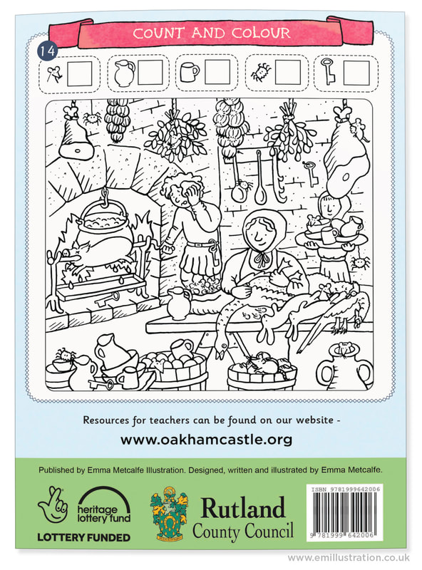 Bespoke museum worksheet colouring activity illustrated by Emma Metcalfe