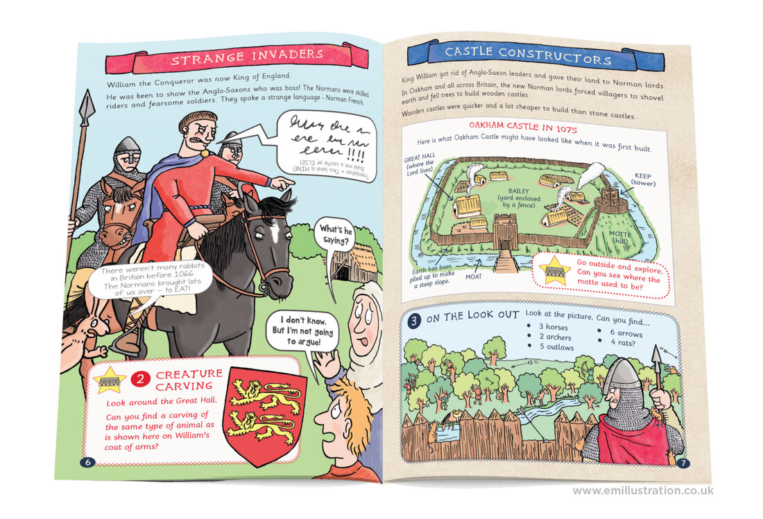 Pages from Oakham Castle illustrated children's history book (Norman castle) by illustrator Emma Metcalfe