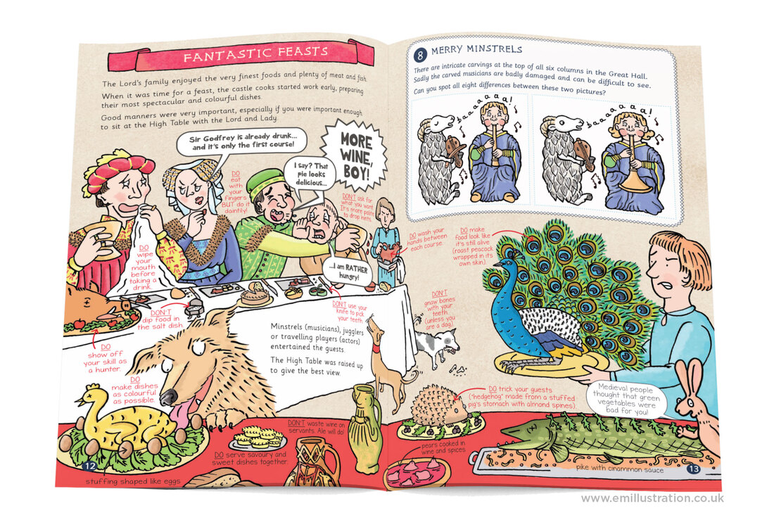 Humorous illustration of food at a medieval feast by museum illustrator Emma Metcalfe