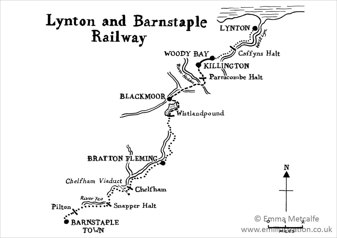 Hand-drawn illustrated railway line map simple black line by map illustrator Emma Metcalfe