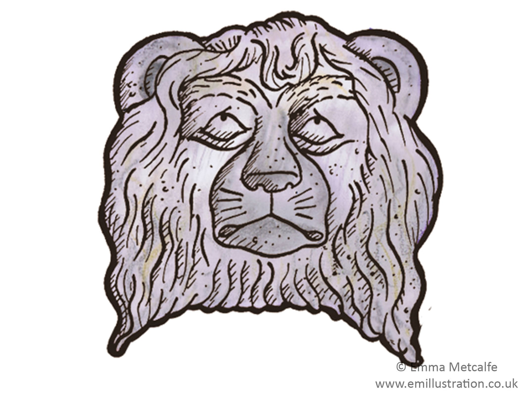 Humorous illustration of lion gargoyle grotesque from medieval church by illustator Emma Metcalfe