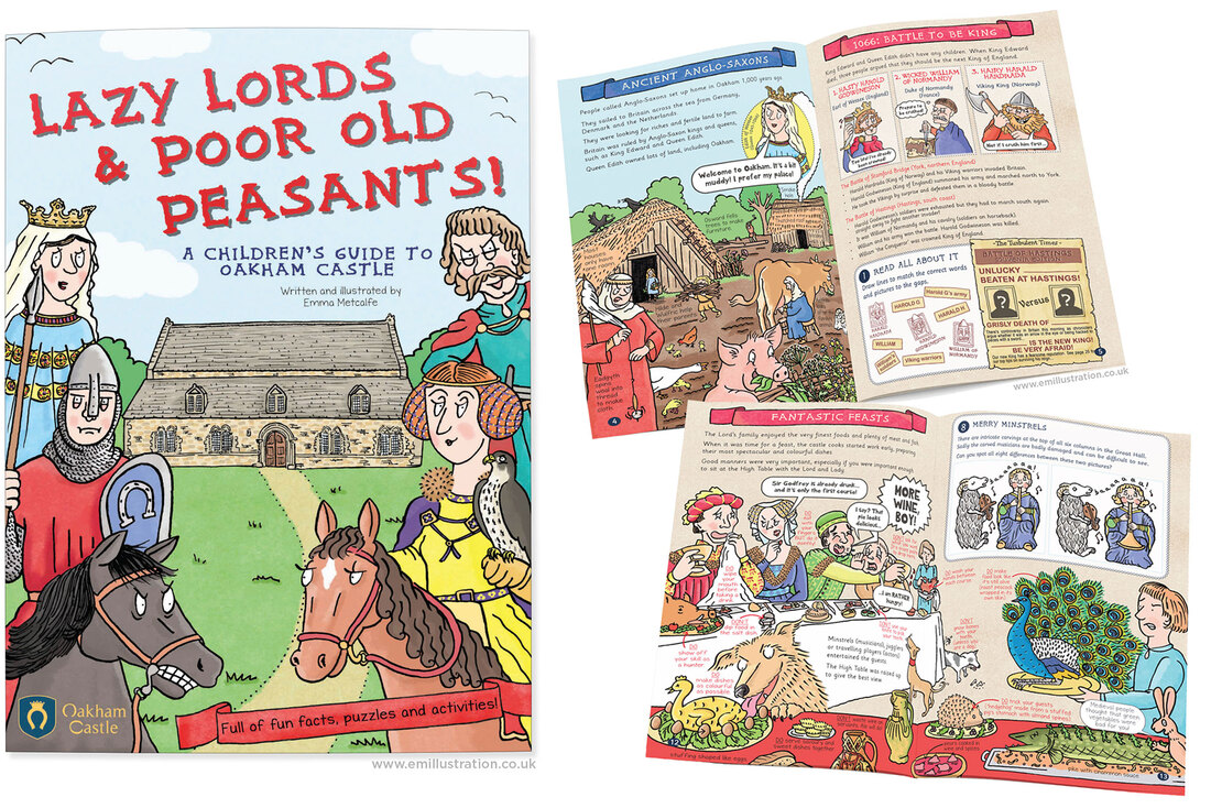 Picture of front cover & pages from Oakham Castle children's guidebook illustrated by Emma Metcalfe