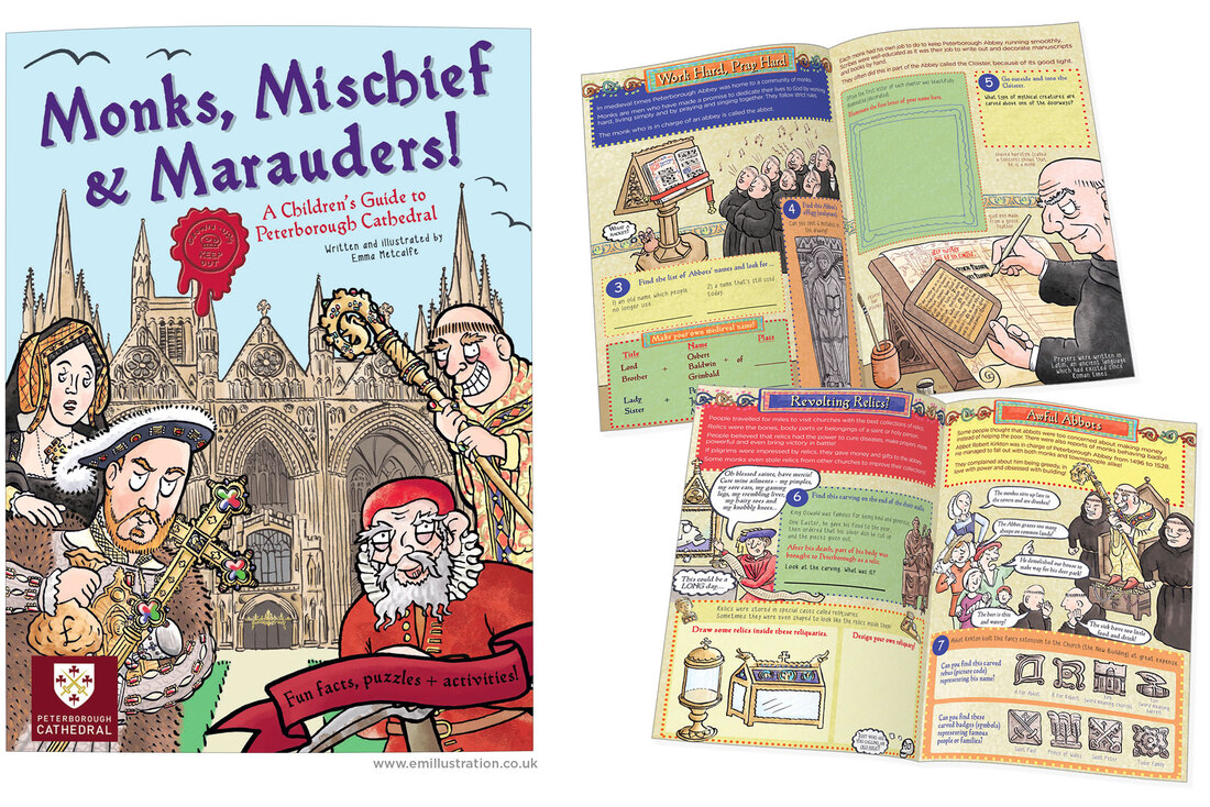 Front cover and pages from bespoke cathedral children's activity book illustrated by Emma Metcalfe