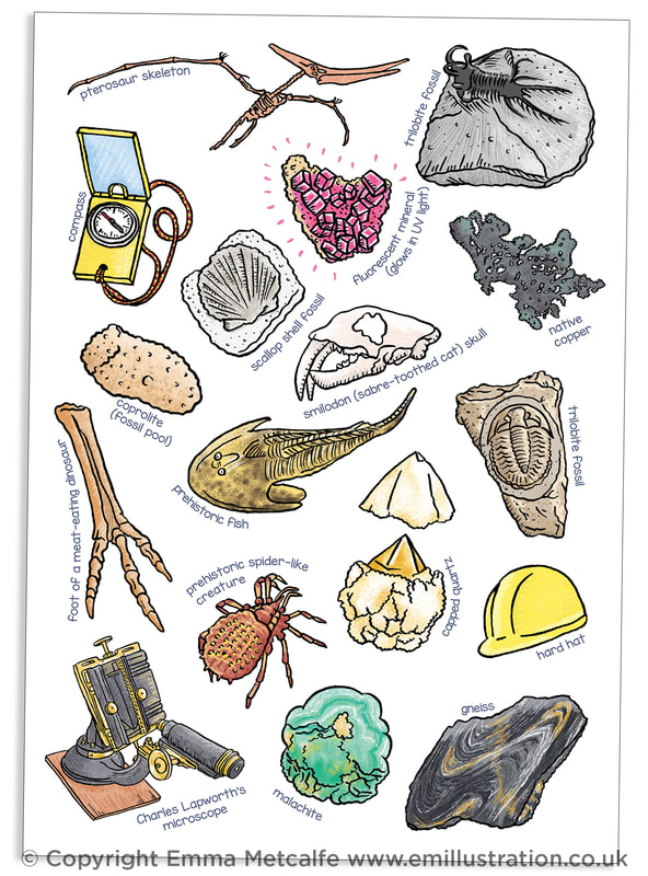 Assorted illustrations of fossils, prehistoric fish, triolite, ammnonite, minerals, geology equipment by educational illustrator Emma Metcalfe