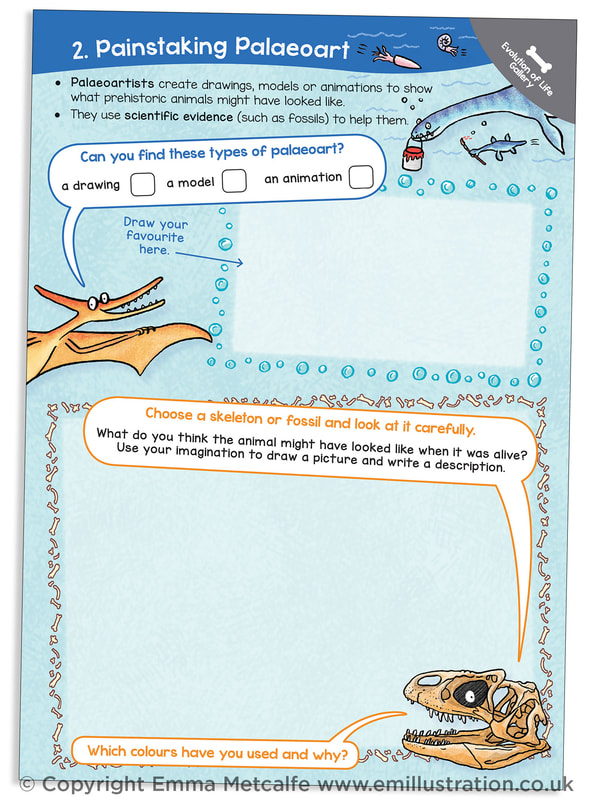 Page 2 (Palaeoart) Custom bespoke Arts Award log book design and illustration by Emma Metcalfe